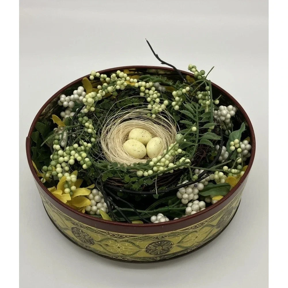 Vtg Floral Tin‎ Birds Nest Eggs Spring Decor Cottagecore Farmhouse Rustic Cabin